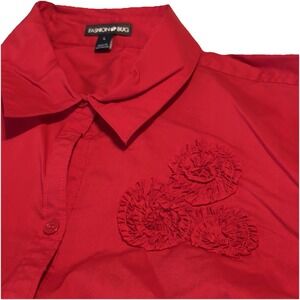 Vtg Fashion Bug Red Button Down Collared Blouse Size Large‎ Flower Embellish